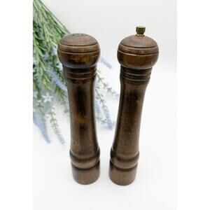 Vintage Wooden Salt Shaker & Pepper Mill Grinder Set Brass 1970s 8” Cottagecore